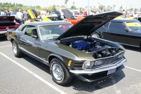 1992 Ford Taurus - A 1970 Ford Mustang Mach 1 is parked with its hood open at a car show.