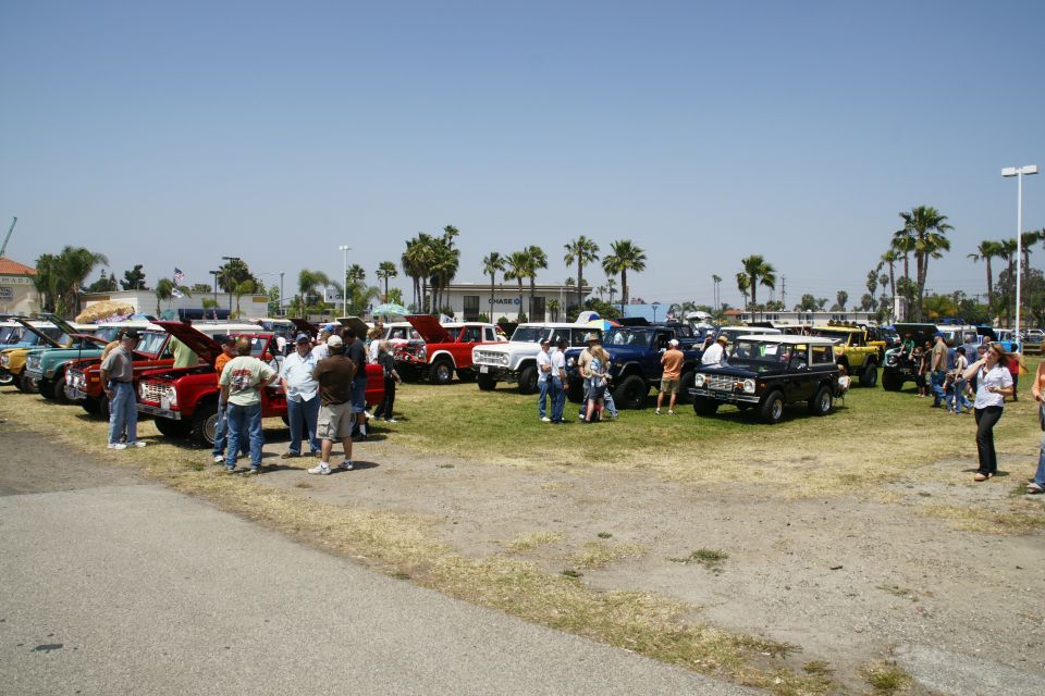 Several Ford Broncos and other vehicles parked on grass under a clear sky