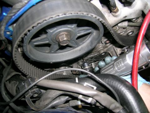 1995 Ford Probe - Close-up view of an engine's timing belt and associated components.