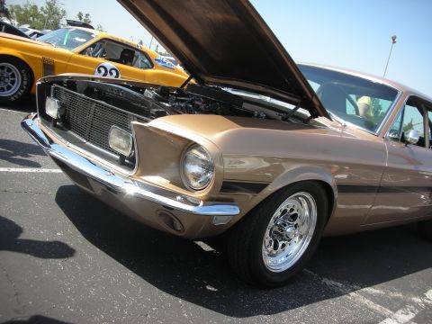 2004 Ford Crown Victoria - A gold 1969 Ford Mustang fastback is displayed with its hood open, revealing the engine, while a yellow Mustang is parked behind it.