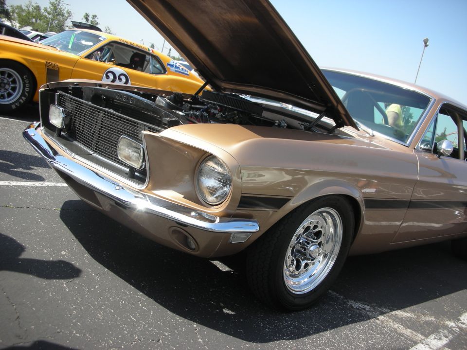 Gold 1969 Ford Mustang fastback with hood open, showing engine. Another yellow Mustang is visible behind it