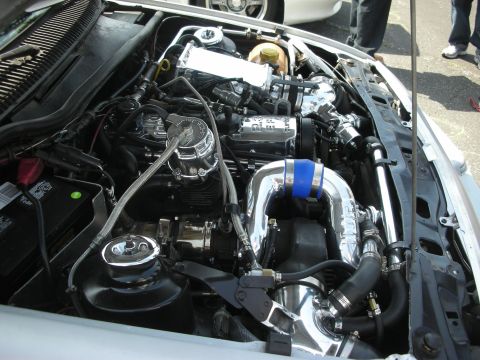 2004 Ford Crown Victoria - The engine bay shows a custom turbo setup with polished intake piping and a chrome blow-off valve.