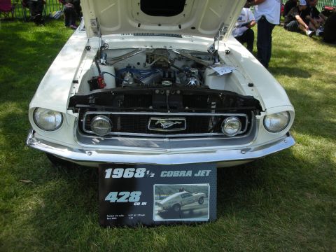 2004 Ford Crown Victoria - A white 1968 1/2 Ford Mustang Cobra Jet is displayed with its hood open, revealing the engine and a descriptive sign.