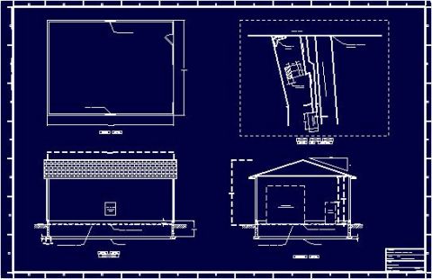1999 Ford Crown Victoria - Architectural blueprint with plan and elevation views of a building drawn white-on-blue.