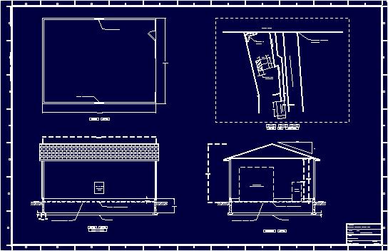 Blue-and-white architectural blueprint showing plan and elevation views of a building
