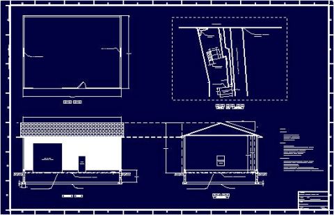 1999 Ford Crown Victoria - Architectural blueprint with building plan, section and elevation views drawn white-on-blue.