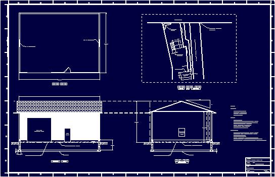 Blue-and-white architectural blueprint showing building plan, section and elevation views