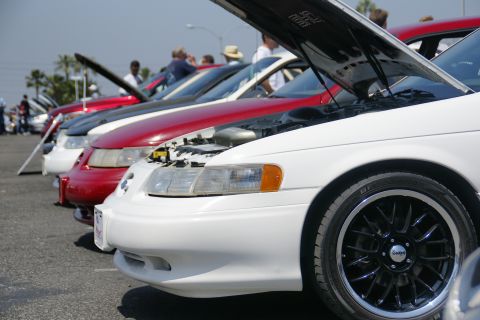 1992 Ford Taurus - Several cars are parked in a row with their hoods open, suggesting a car show or gathering.