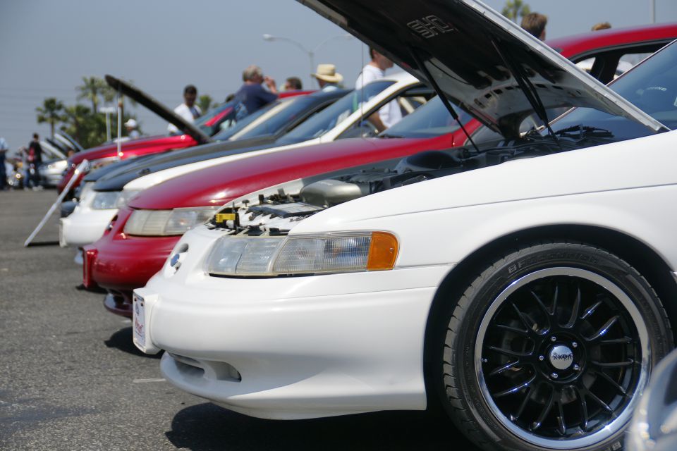 White and red cars lined up with hoods open, parked outside on a sunny day