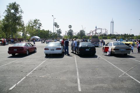 1992 Ford Taurus - Cars gathered in a parking lot with a roller coaster in the background.