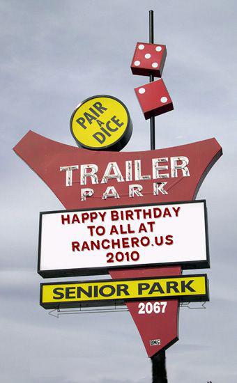1971 Ford Ranchero - A sign for a trailer park features dice and text, including a birthday message for Ranchero.us.