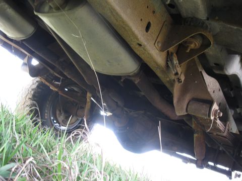 1978 Ford Bronco - The underside of a vehicle shows significant rust and a dual exhaust system, with tall grass surrounding the tires.