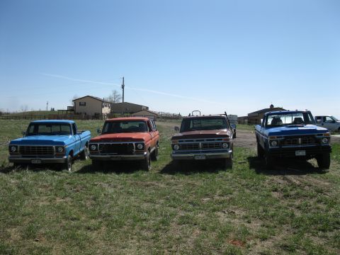 1978 Ford Bronco - A lineup of vintage Ford trucks and an SUV are parked on a grassy field under a clear blue sky.