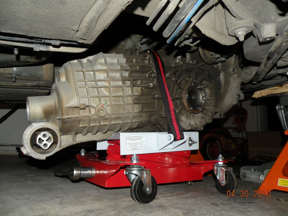 Transmission on red jack, part of a vehicle's drivetrain