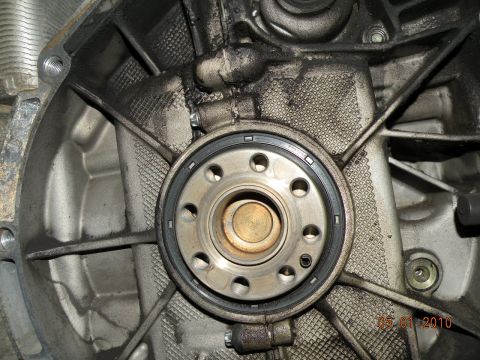 2000 Porsche Carrera - This image shows the rear main seal area of an engine, likely during maintenance or after maintenance.