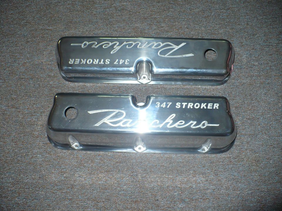 Two chrome valve covers with 'Ranchero' and '347 Stroker' engraved