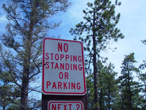 1993 Ford Bronco - A sign in a wooded area indicates parking restrictions.