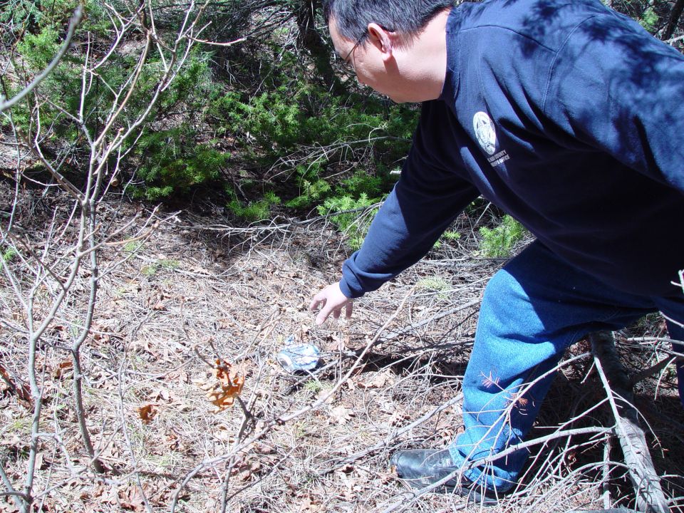 Man points to a small object on the ground in a wooded area
