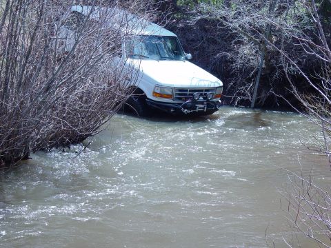 1993 Ford Bronco - Ford F-Series truck navigating a stream with trees and brush on the banks.