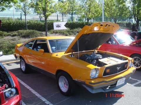 1978 Ford Mustang II - A yellow 1978 Ford Mustang II coupe is parked with its hood open, showing the engine bay.