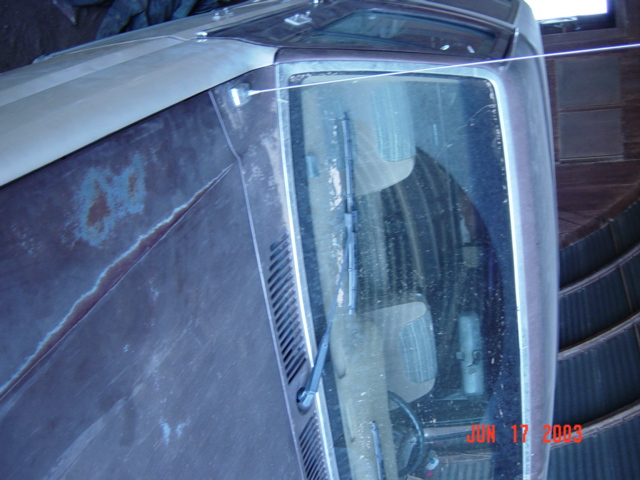Sideways view of a weathered hood with rust spots and a dusty windshield with wipers, dated Jun 17 2003