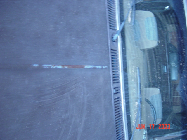 Top-down view of dark blue Bronco hood with a rusty scratch line near the cowl vents and wipers
