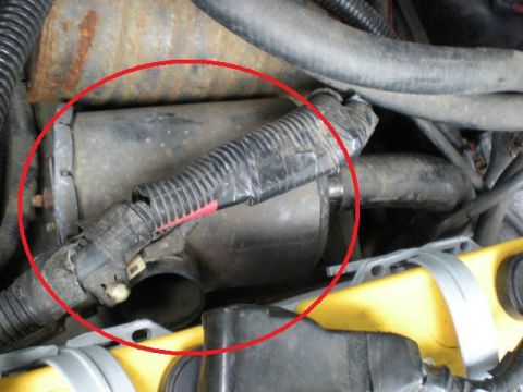 1993 Ford Bronco - Close-up view of engine components, including hoses and wiring, with a red circle highlighting a section.