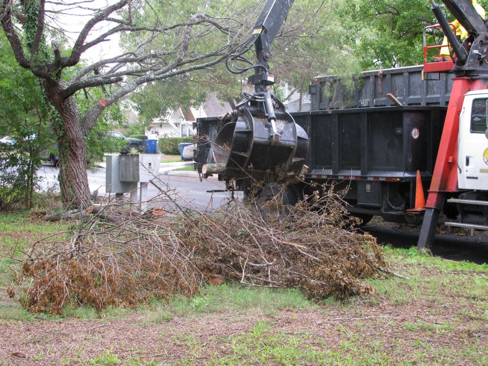 Grapple truck loading tree debris into a dump truck
