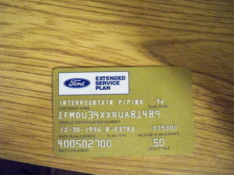 Ford Extended Service Plan card with '94 plan year and VIN
