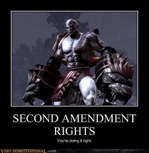Kratos character art with text overlay 'SECOND AMENDMENT RIGHTS'