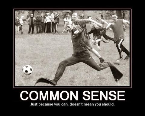 1989 Ford Bronco - This image humorously depicts a soccer game with the caption 'COMMON SENSE' and a subtitle suggesting that just because you can do somethin…