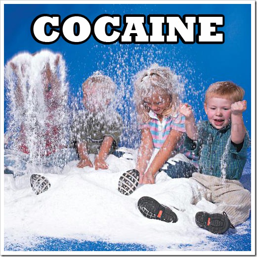Children throwing white powder in the air, text reads COCAINE