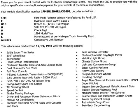 1994 Ford Bronco - This document details the specifications and options for a vehicle produced on 12/09/1993.