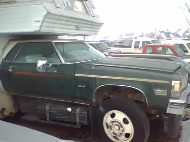 Green pickup truck with camper shell, side view