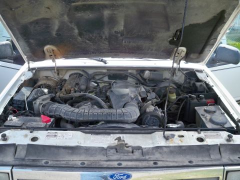 1994 Ford Explorer - The engine bay of a white 1994 Ford Explorer is visible with the hood raised.