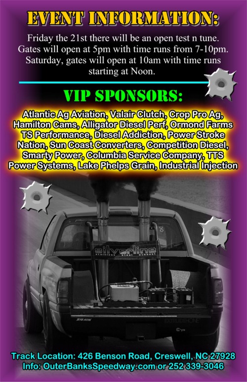Pickup truck rear view, dual exhaust pipes emitting smoke, cargo bed with batteries and equipment