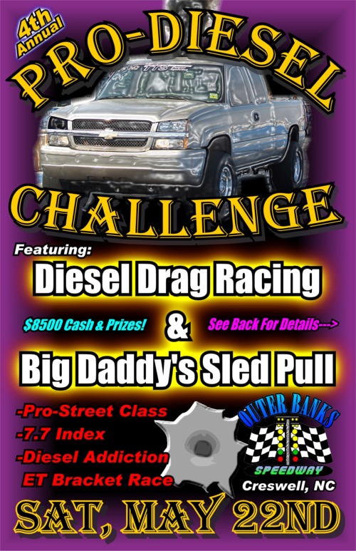 Front view of a silver pickup truck, part of a "Pro-Diesel Challenge" poster