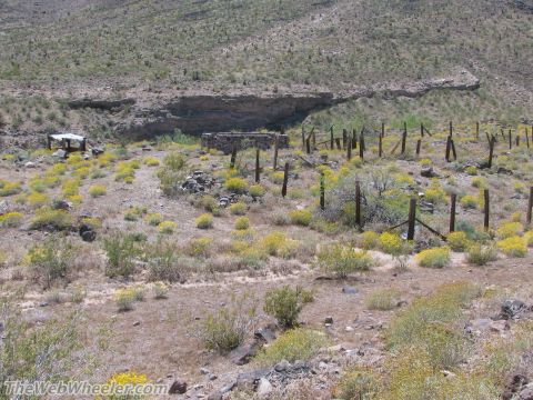 1996 Ford C-350 (Centurion Conversions) - A desolate desert scene features crumbling stone structures and weathered wooden posts amidst sparse vegetation and blooming yellow wildflo…