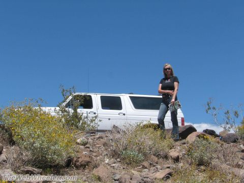 1996 Ford C-350 (Centurion Conversions) - A woman stands beside a white van on a rocky desert landscape under a bright blue sky.