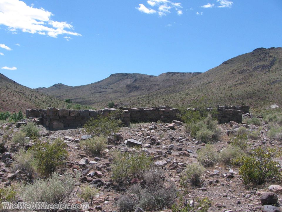 Stone ruins with desert vegetation and mountains under a blue sky