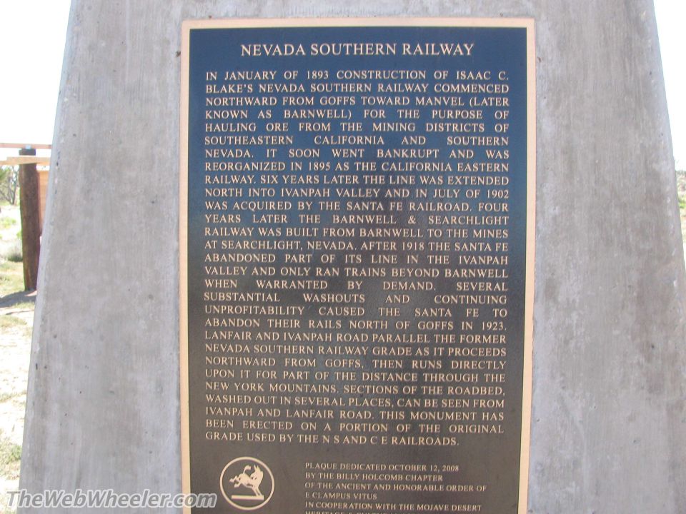 Historical marker about the Nevada Southern Railway, detailing its construction and operation