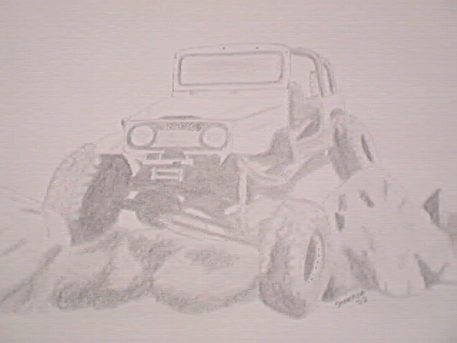 Pencil sketch of a lifted Toyota FJ40-style 4x4 climbing over rocks on large off-road tires