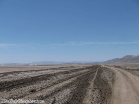 1996 Ford C-350 (Centurion Conversions) - Tire tracks mark a dirt road through a dry, open landscape with distant mountains.