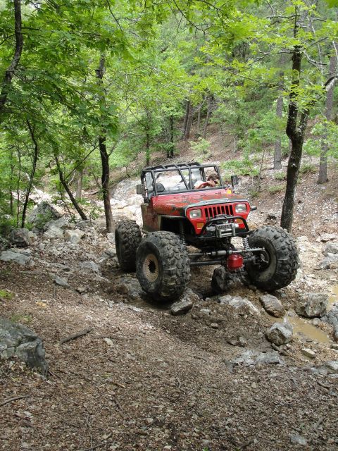 1967 Ford Mustang - Modified Jeep Wrangler tackling a challenging off-road course in a wooded area.