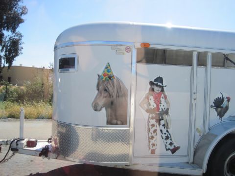 1989 Toyota Pickup/SR5 - A white horse trailer is decorated with various decals, including a pony, a cowgirl, and a rooster, under a bright blue sky.