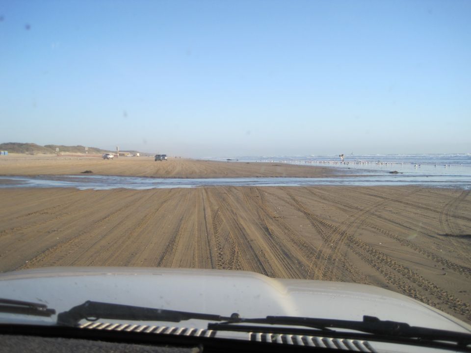 View from inside a vehicle looking out at a beach with a few other vehicles on the sand and birds in the water