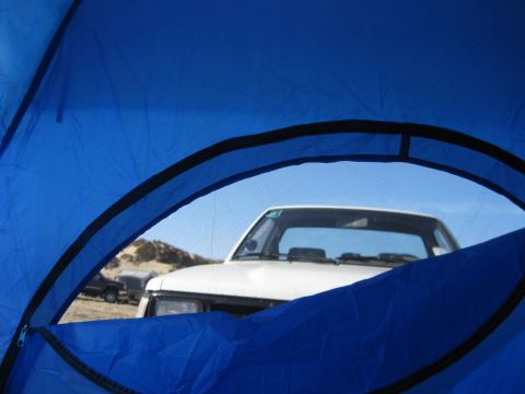 1989 Toyota Pickup/SR5 - View of a white 1989 Toyota Pickup/SR5 through a blue tent opening, with another vehicle and trailer in the background.