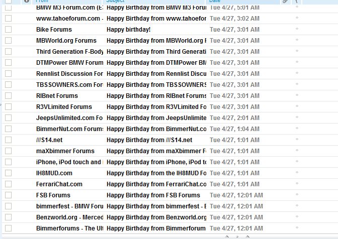 Screenshot of an email inbox full of 'Happy Birthday' messages from car forums