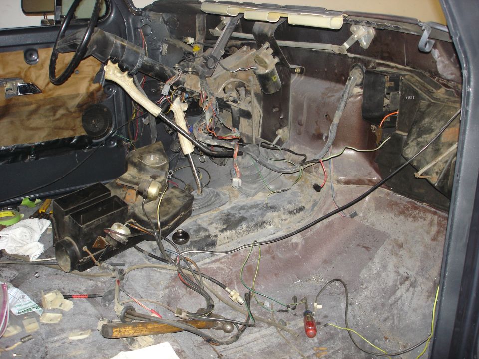 1979 Ford F-250 interior with exposed wiring and dashboard removed