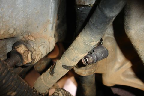 1995 Ford Taurus - A close-up view of a dirty engine hose and its connection point, showing wear and tear.